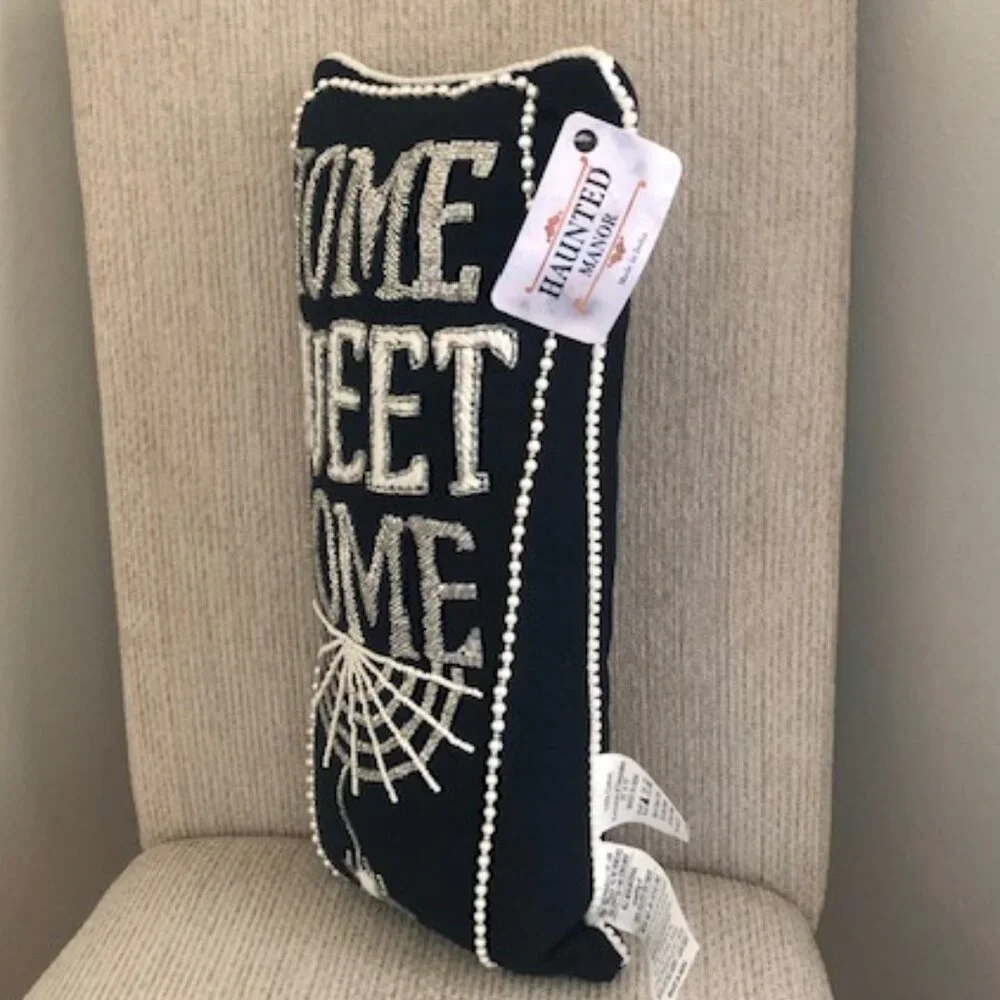 Haunted Manor Home Sweet Home Beaded Halloween Throw Pillow 19x8 Black Silver